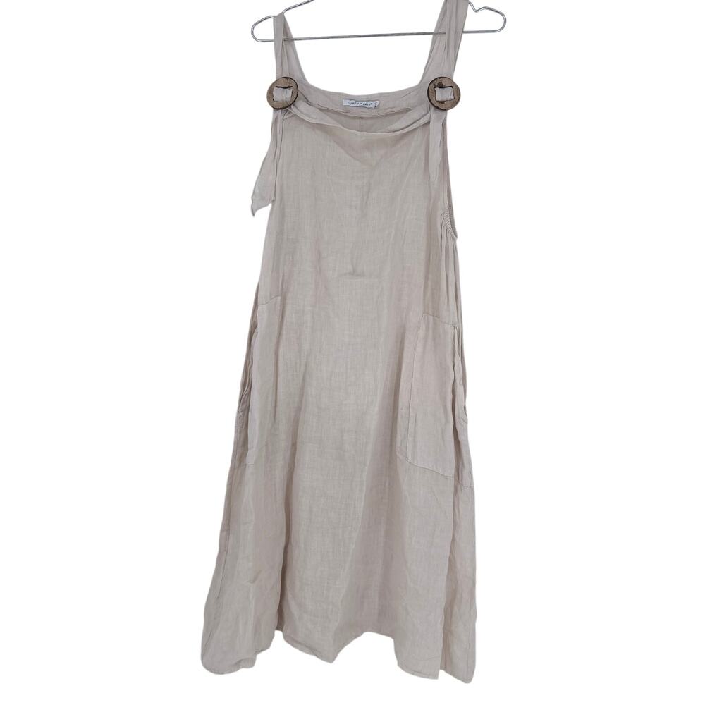 Tempo Paris Linen Dress M/L Cream Made Italy Lagenlook Jumper Pinafore Pockets